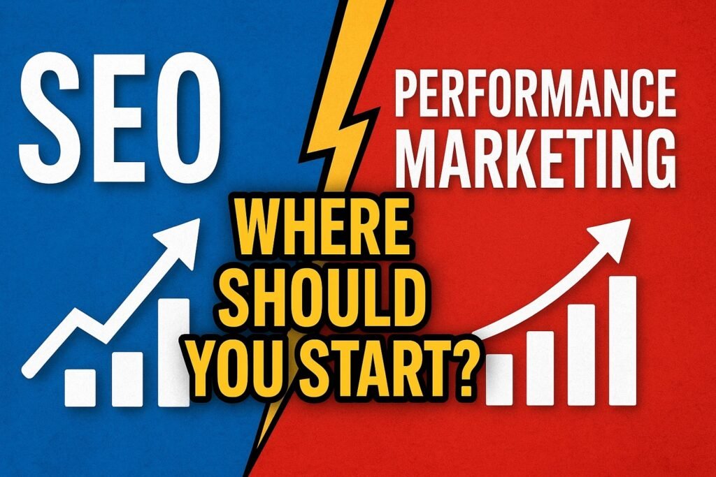 A professional graphic comparing organic SEO growth versus paid performance marketing results for business growth.